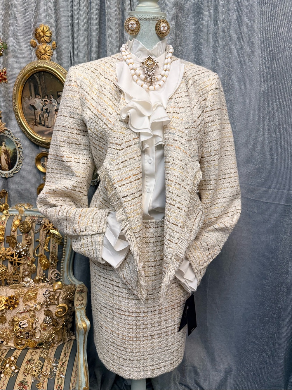 BCBG Cream Tweed Open-Front Blazer with skirt